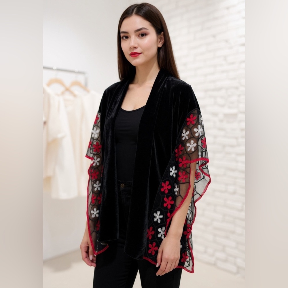 Jovie Black Velvet Floral Lace Embroidered Kimono Style Shrug